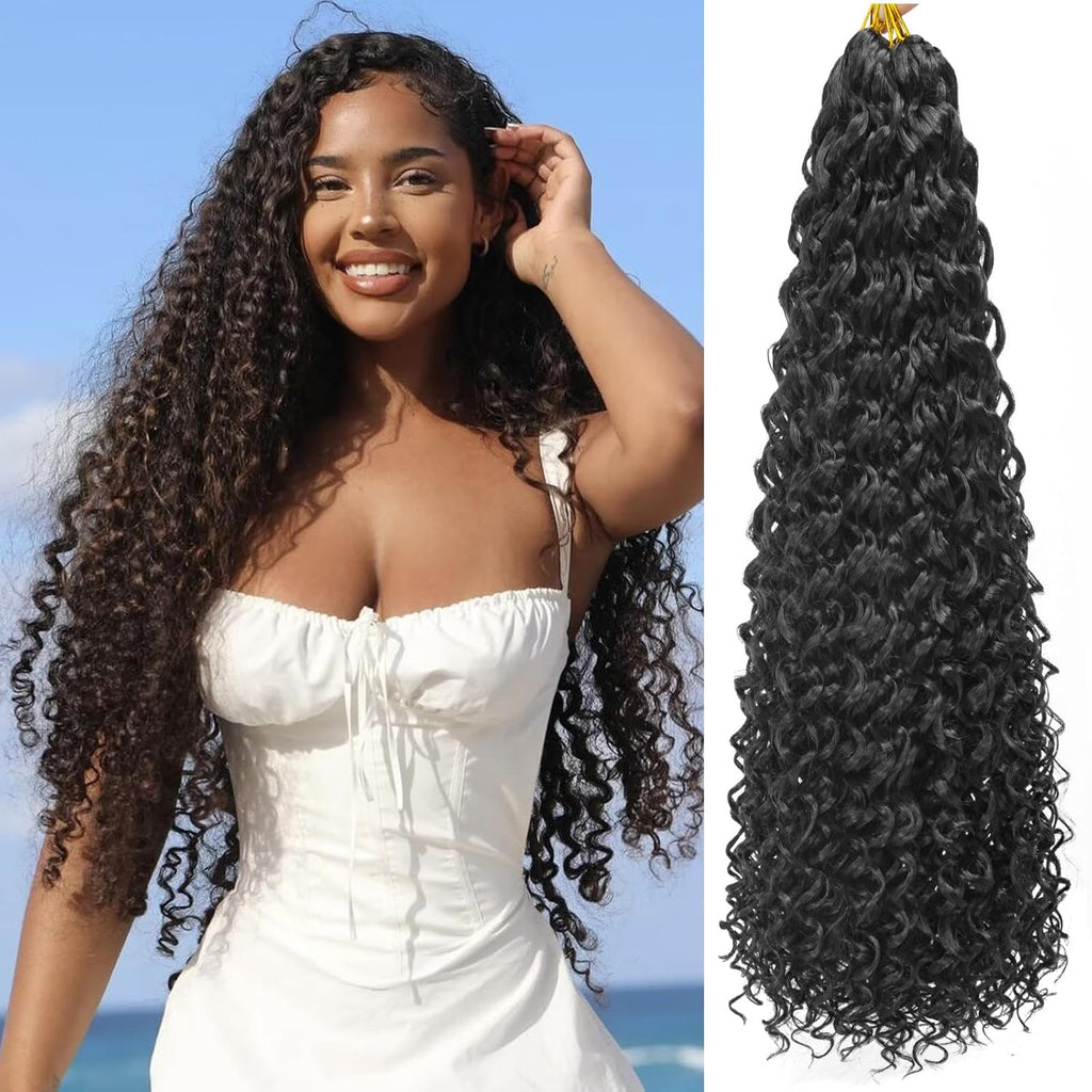 Curl Crochet Hair Extensions 16-inch Water Wave Crochet Black Synthetic Bohemian Crochet Deep Wave Crochet Hair Extensions 1B